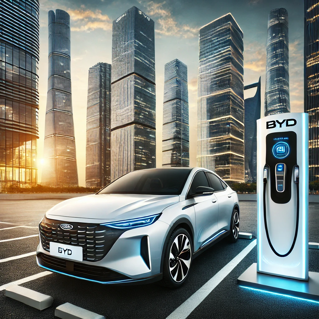 electric sedan charging at a futuristic station in a modern city, with tall skyscrapers reflecting the sunset."